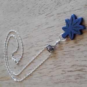 Blue Leaf Pendant Silver Chain Necklace JJ106